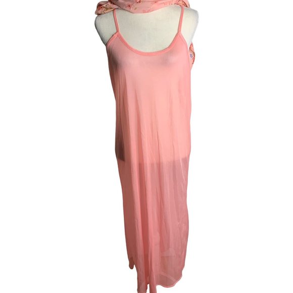 Vintage 90s Cottagecore Maxi Dress M Pink Slip Short Sleeve Round Neck Shift - Picture 6 of 7